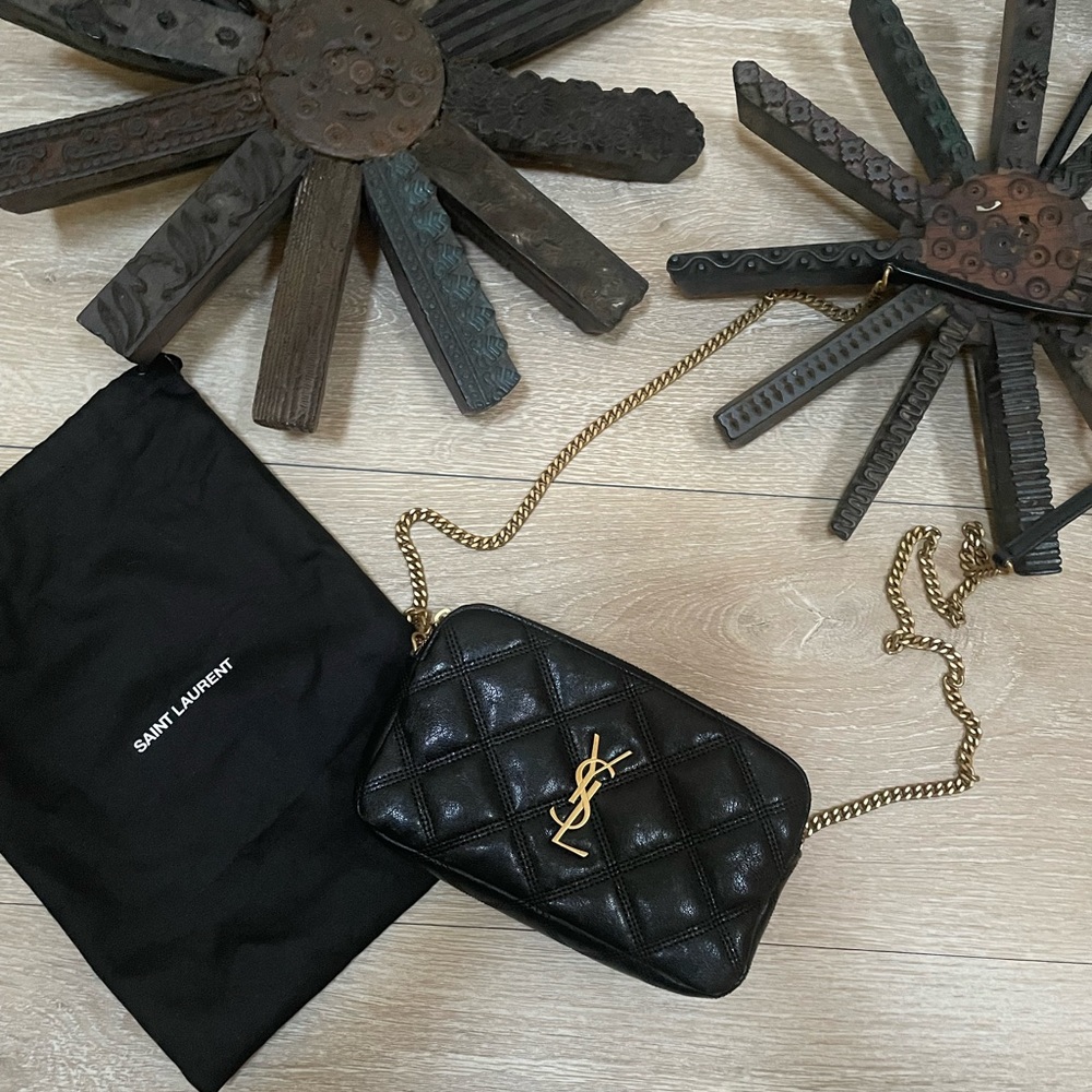 Authentic Saint Laurent Grained Lambskin Quilted Mini Becky Double Zip Bag Black